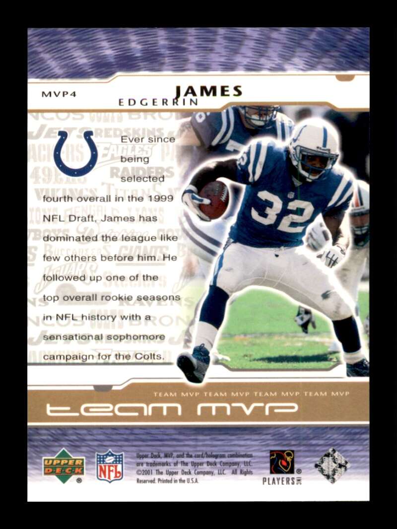 Load image into Gallery viewer, 2001 Upper Deck MVP Team MVP Edgerrin James #MVP4 Indianapolis Colts Image 2
