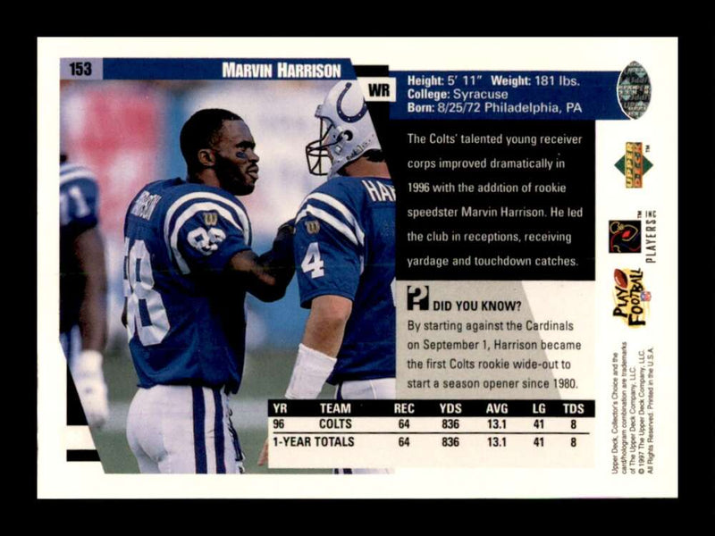 Load image into Gallery viewer, 1997 Upper Deck Collector&#39;s Choice Marvin Harrison #153 Indianapolis Colts Image 2
