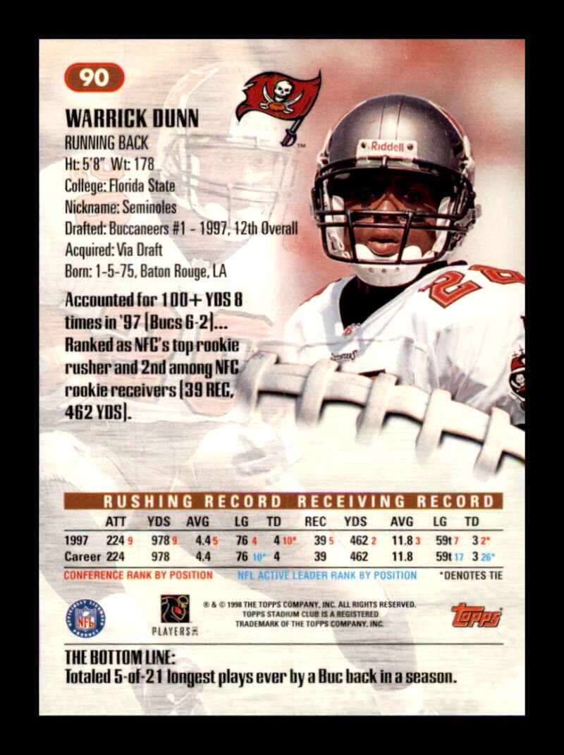 Load image into Gallery viewer, 1998 Topps Stadium Club Warrick Dunn #90 Tampa Bay Buccaneers Image 2
