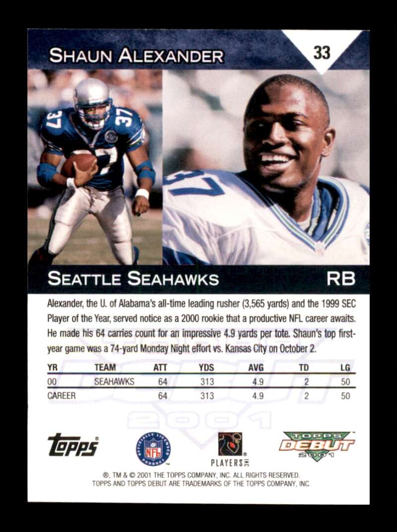 Load image into Gallery viewer, 2001 Topps Debut Shaun Alexander #33 Seattle Seahawks Image 2
