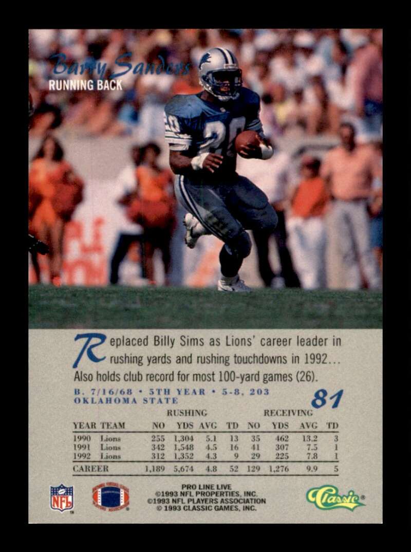 Load image into Gallery viewer, 1993 Pro Line Live Barry Sanders #81 Detroit Lions Image 2
