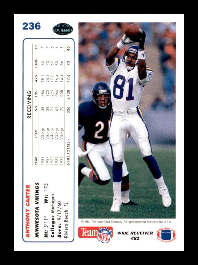 Load image into Gallery viewer, 1991 Upper Deck Anthony Carter #236 Minnesota Vikings Image 2
