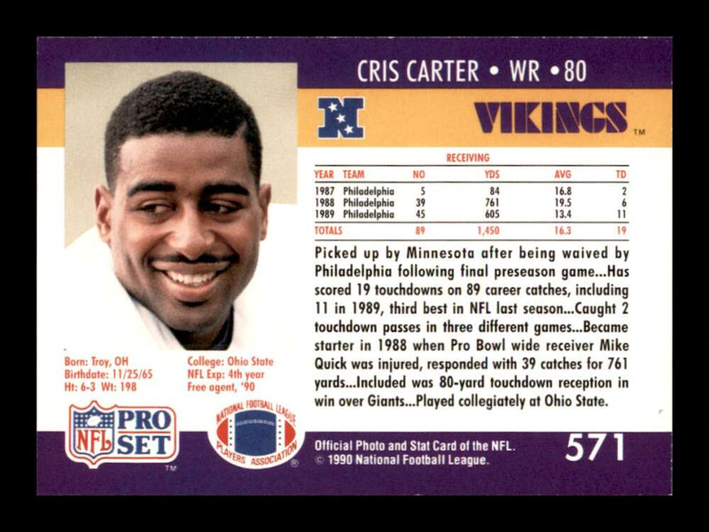 Load image into Gallery viewer, 1990 Pro Set Cris Carter #571 Minnesota Vikings Image 2
