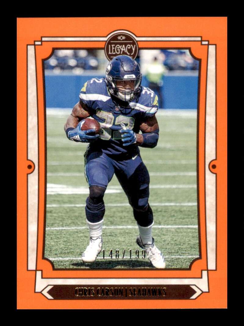 Load image into Gallery viewer, 2019 Panini Legacy Orange Chris Carson #92 Short Print SP /199 Seattle Seahawks Image 1
