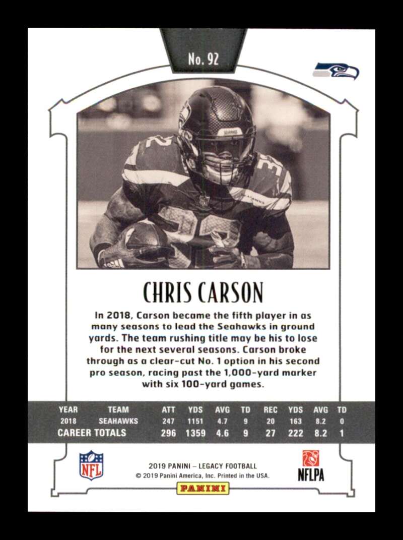 Load image into Gallery viewer, 2019 Panini Legacy Orange Chris Carson #92 Short Print SP /199 Seattle Seahawks Image 2
