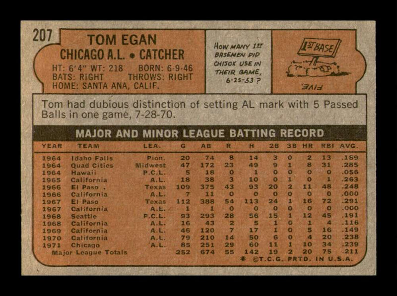 Load image into Gallery viewer, 1972 Topps Tom Egan #207 Set Break Chicago White Sox Image 2
