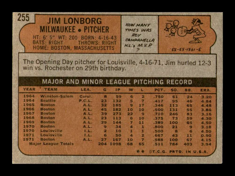 Load image into Gallery viewer, 1972 Topps Jim Lonborg #255 Set Break Milwaukee Brewers Image 2
