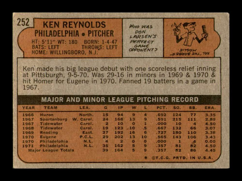 Load image into Gallery viewer, 1972 Topps Ken Reynolds #252 Set Break Philadelphia Phillies Image 2
