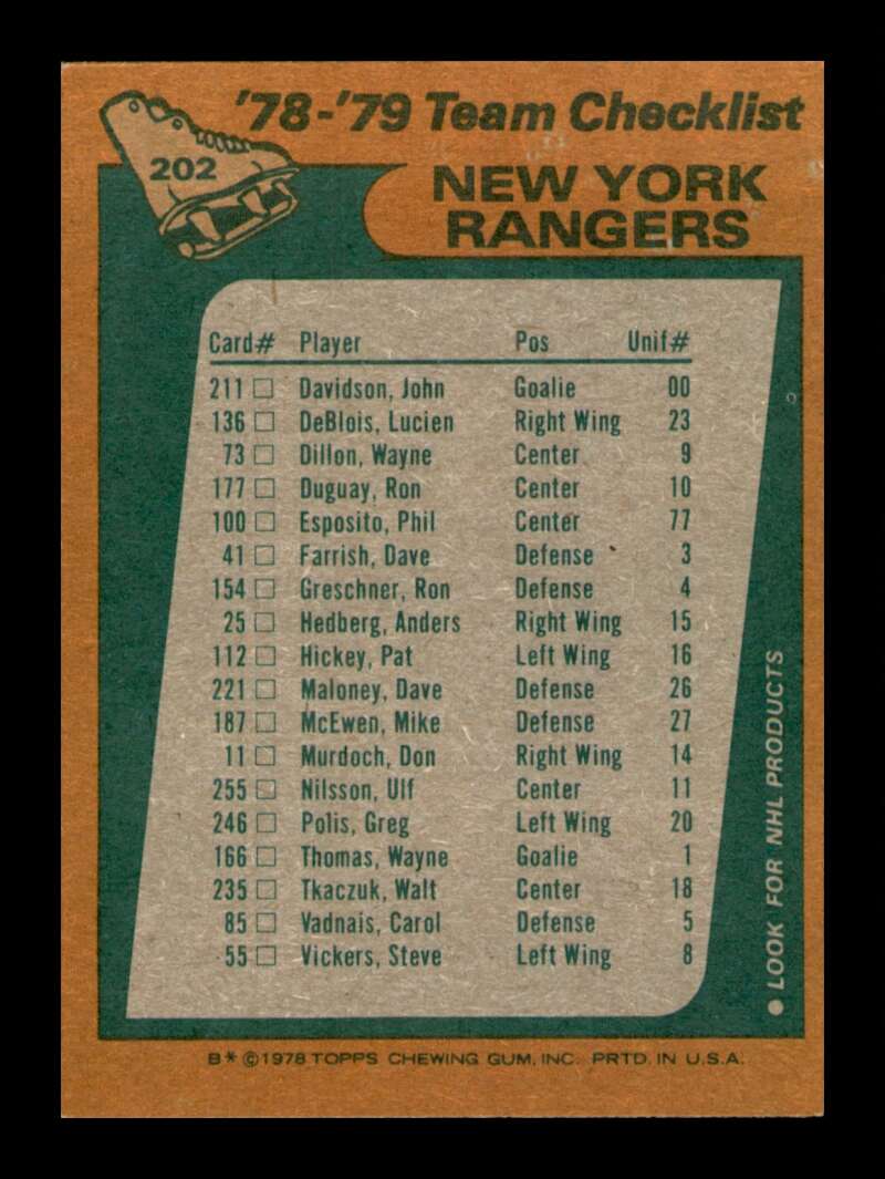 Load image into Gallery viewer, 1978-79 Topps New York Rangers #202 Checklist Unmarked Set Break  Image 2
