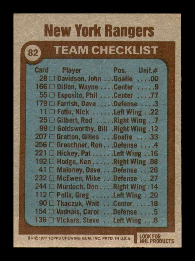 Load image into Gallery viewer, 1977-78 Topps New York Rangers #82 Checklist Unmarked Set Break  Image 2
