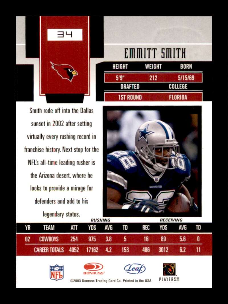 Load image into Gallery viewer, 2003 Leaf Certified Materials Emmitt Smith #34 Arizona Cardinals Image 2
