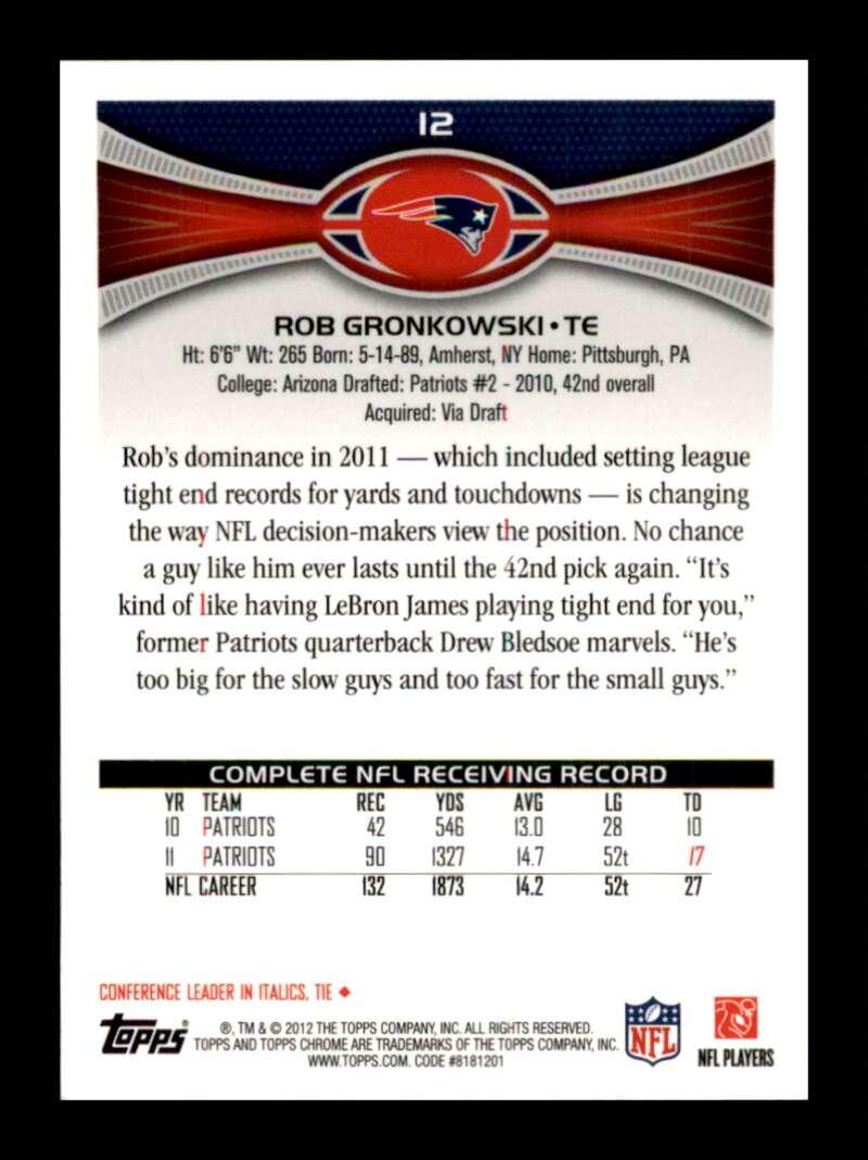 Load image into Gallery viewer, 2012 Topps Chrome Rob Gronkowski #12 New England Patriots Image 2
