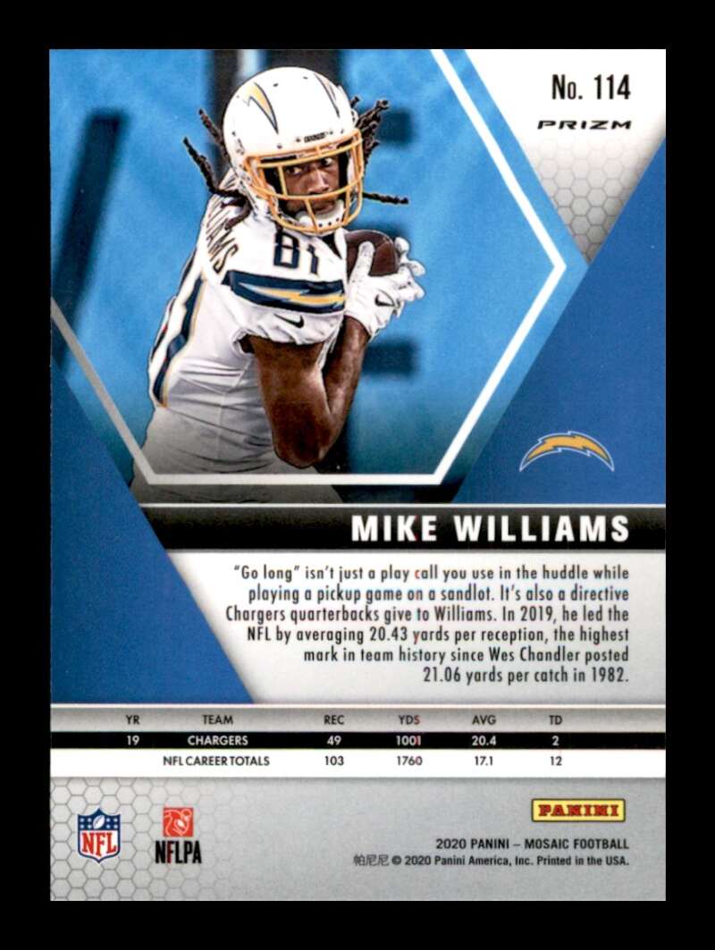 Load image into Gallery viewer, 2020 Panini Mosaic Reactive Blue Prizm Mike Williams #114 Los Angeles Chargers Image 2
