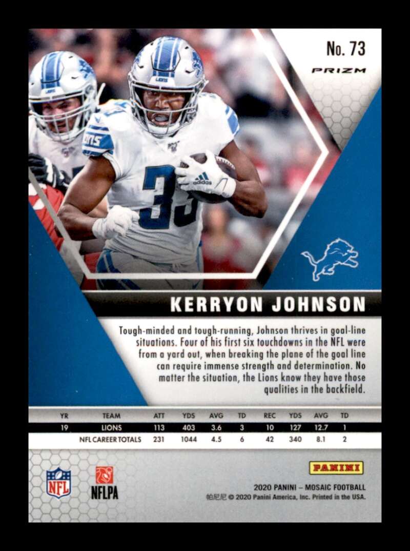 Load image into Gallery viewer, 2020 Panini Mosaic Reactive Blue Prizm Kerryon Johnson #73 SP Detroit Lions Image 2
