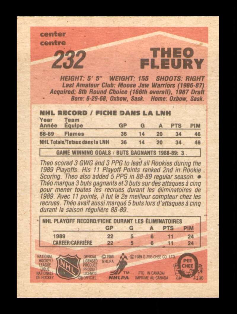 Load image into Gallery viewer, 1989-90 O-Pee-Chee Theo Fleury #232 Rookie RC OPC Calgary Flames Image 2
