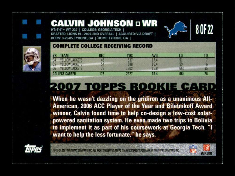 Load image into Gallery viewer, 2007 Topps Turn Back The Clock Calvin Johnson #8 Rookie RC Detroit Lions Image 2
