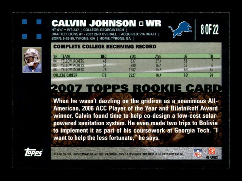 Load image into Gallery viewer, 2007 Topps Turn Back The Clock Calvin Johnson #8 Rookie RC Detroit Lions Image 2
