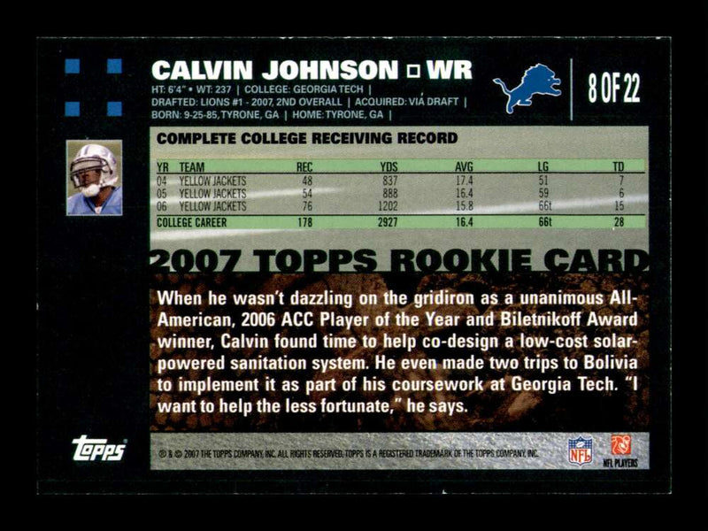 Load image into Gallery viewer, 2007 Topps Turn Back The Clock Calvin Johnson #8 Rookie RC Detroit Lions Image 2
