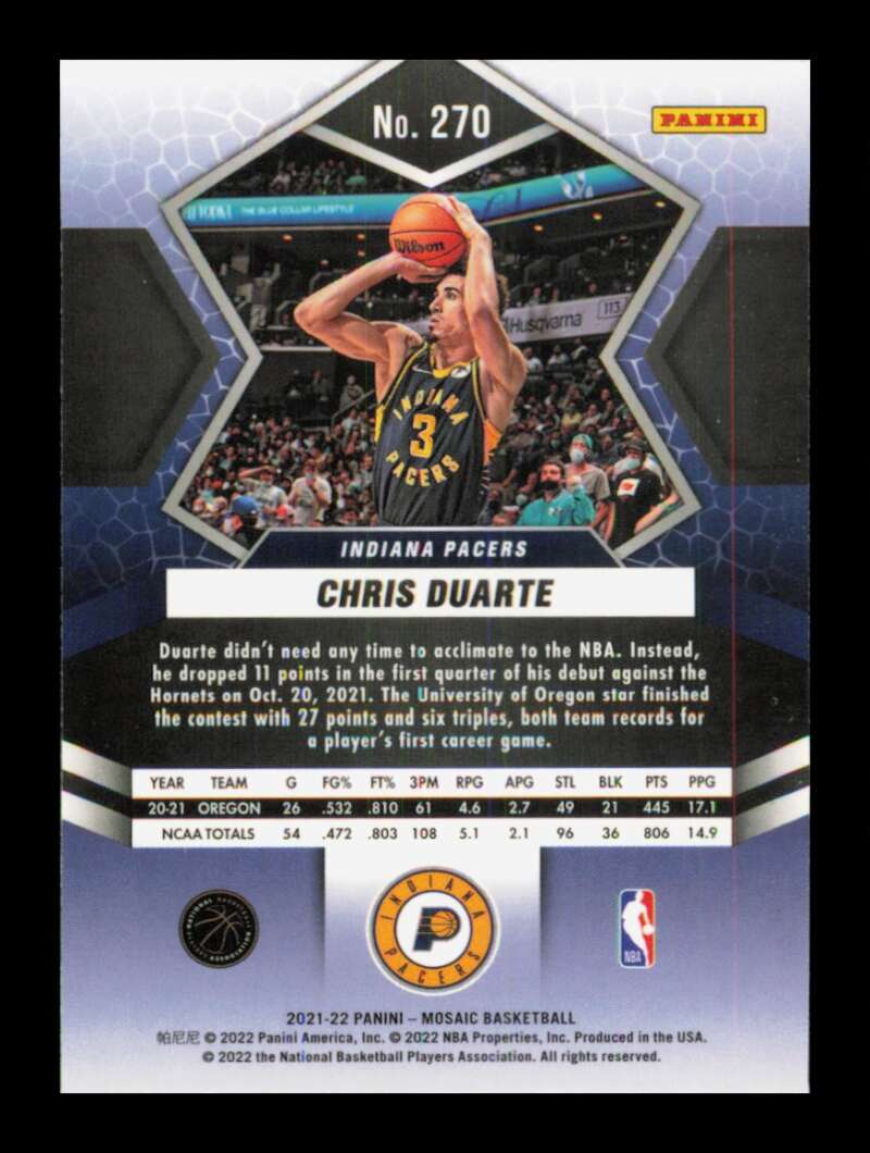 Load image into Gallery viewer, 2021-22 Panini Mosaic Chris Duarte #270 Rookie RC Indiana Pacers Image 2
