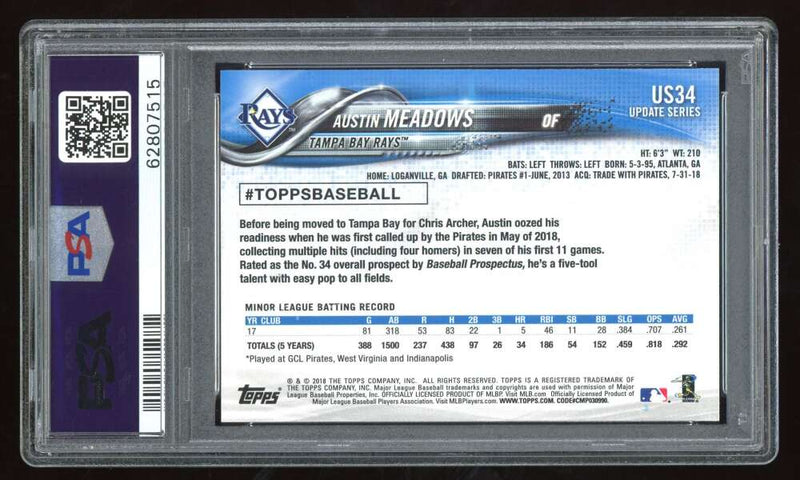 Load image into Gallery viewer, 2018 Topps Update Austin Meadows #US34 Rookie RC Tampa Bay Rays PSA 9  Image 2
