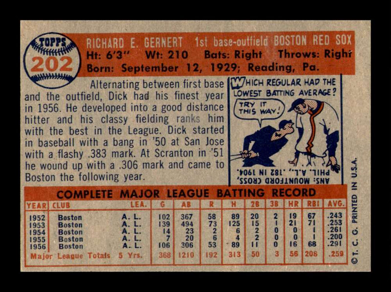 Load image into Gallery viewer, 1957 Topps Dick Gernert #202 Set Break Boston Red Sox Image 2
