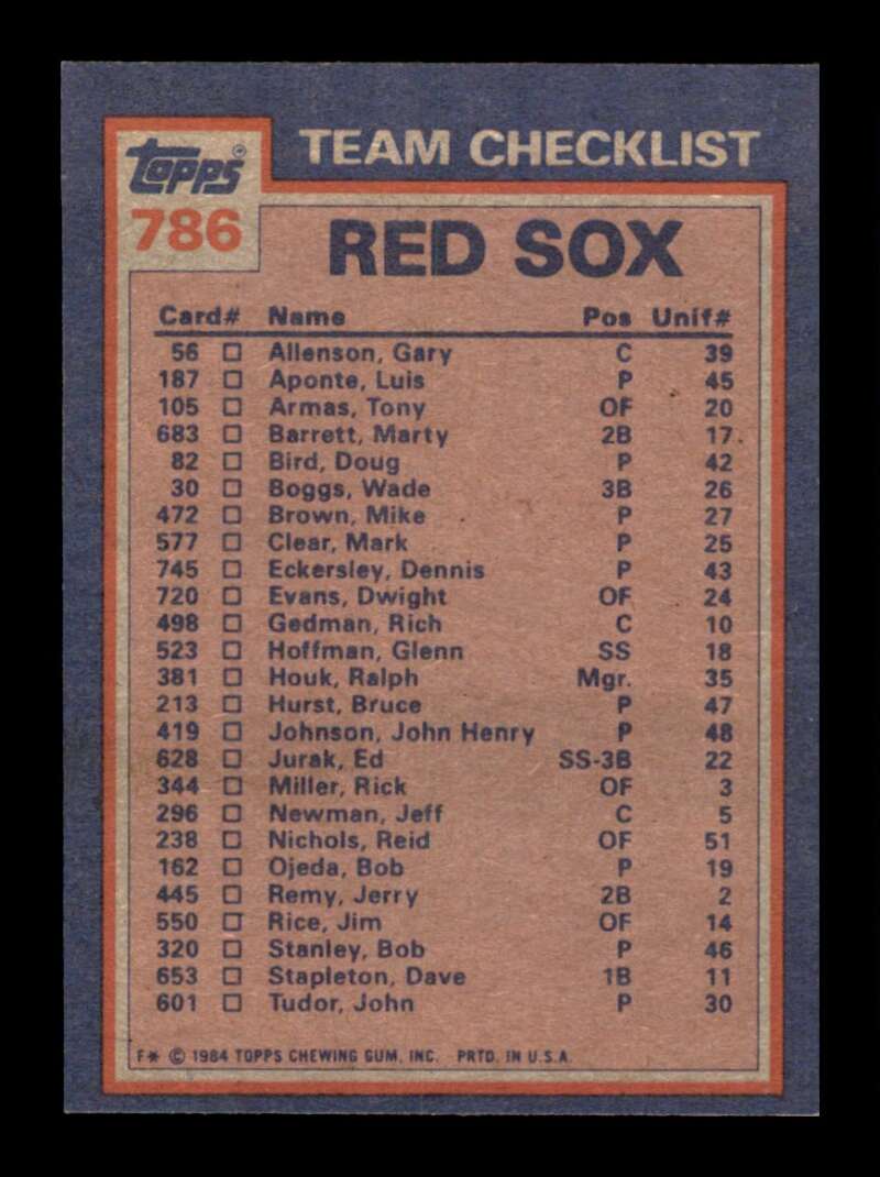 Load image into Gallery viewer, 1984 Topps Wade Boggs Bob Ojeda #786 Unmarked Boston Red Sox Image 2
