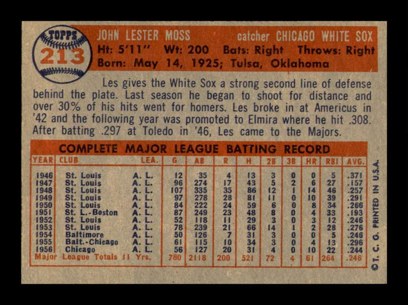 Load image into Gallery viewer, 1957 Topps Les Moss #213 Set Break Chicago White Sox Image 2
