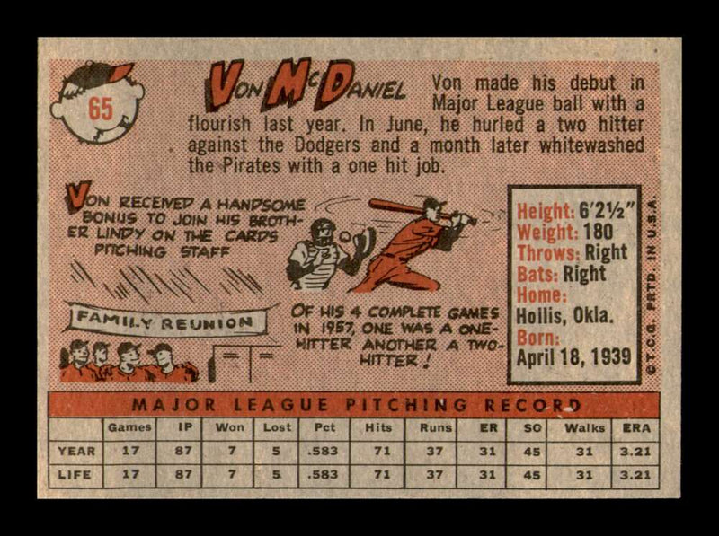 Load image into Gallery viewer, 1958 Topps Von McDaniel #65 Rookie RC Set Break St. Louis Cardinals Image 2
