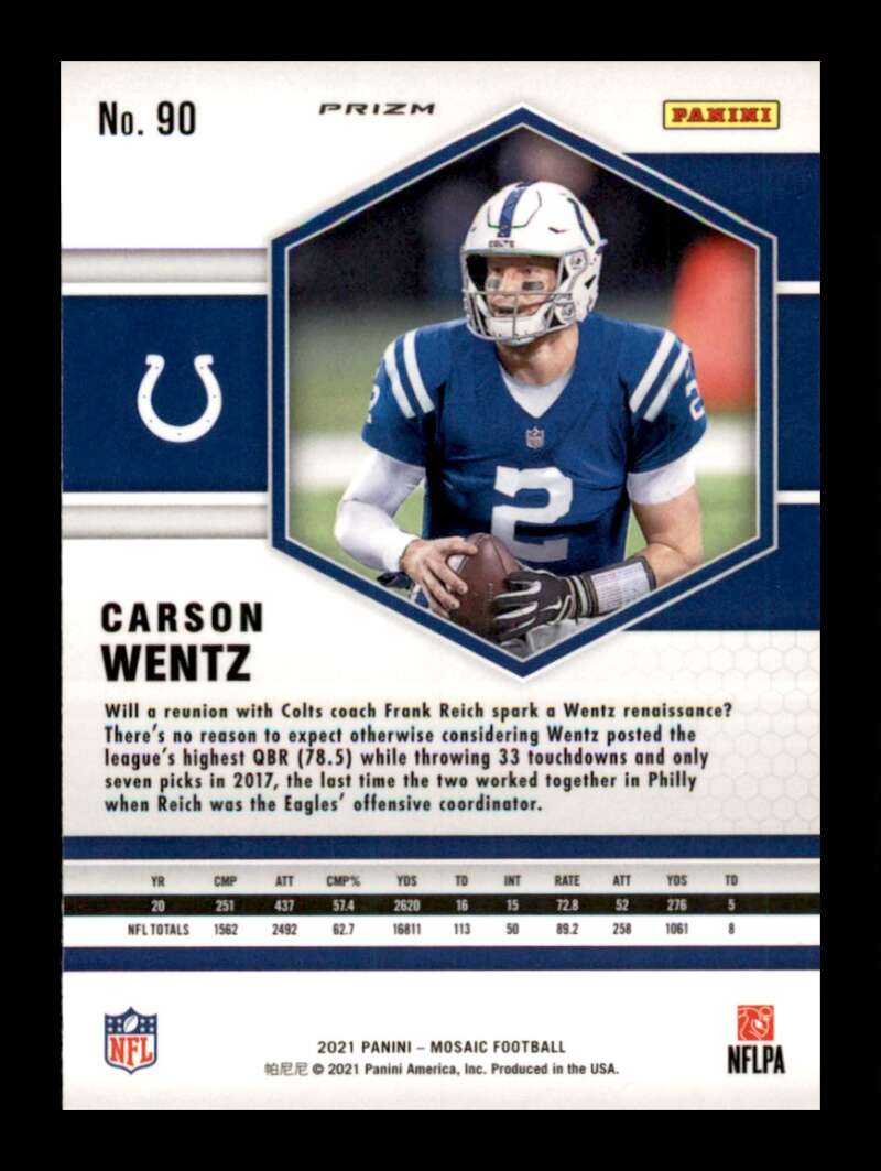 Load image into Gallery viewer, 2021 Panini Mosaic Pink Camo Prizm Carson Wentz #90 Indianapolis Colts Image 2
