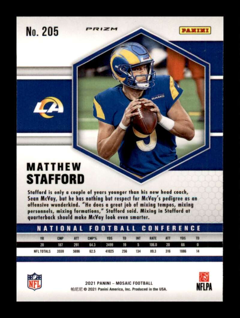 Load image into Gallery viewer, 2021 Panini Mosaic Pink Camo Prizm Matthew Stafford #205 Los Angeles Rams Image 2
