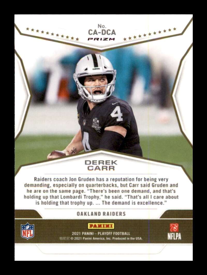 Load image into Gallery viewer, 2021 Panini Playoff Call to Arms Silver Prizm Derek Carr #CA-DCA Oakland Raiders Image 2
