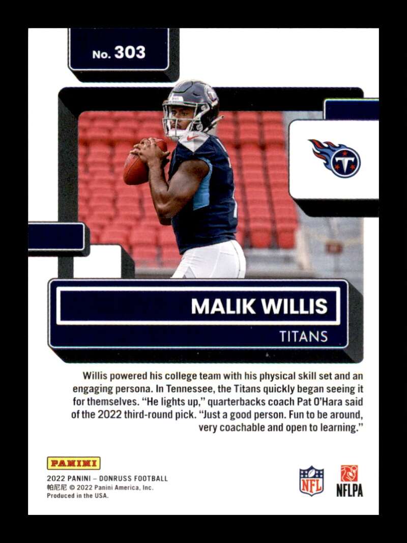 Load image into Gallery viewer, 2022 Donruss Malik Willis #303 Rookie RC Tennessee Titans Image 2
