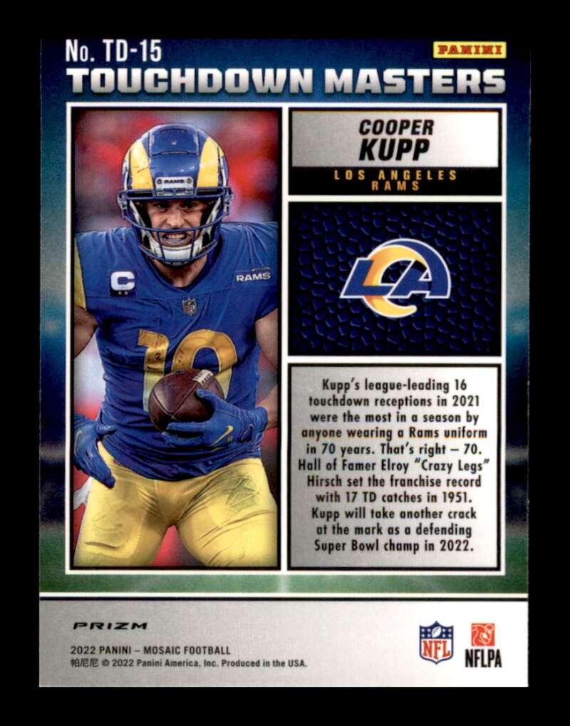 Load image into Gallery viewer, 2022 Panini Mosaic Touchdown Masters Green Mosaic Prizm Cooper Kupp #TD-15 Rams Image 2
