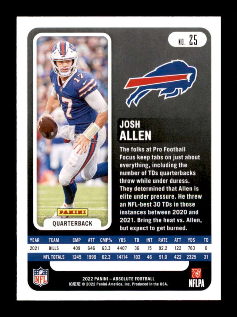 Load image into Gallery viewer, 2022 Panini Absolute Josh Allen #25 Buffalo Bills Image 2
