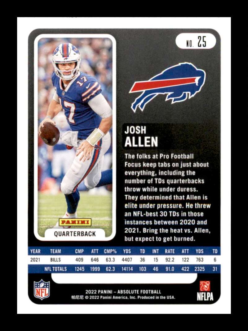 Load image into Gallery viewer, 2022 Panini Absolute Josh Allen #25 Buffalo Bills Image 2
