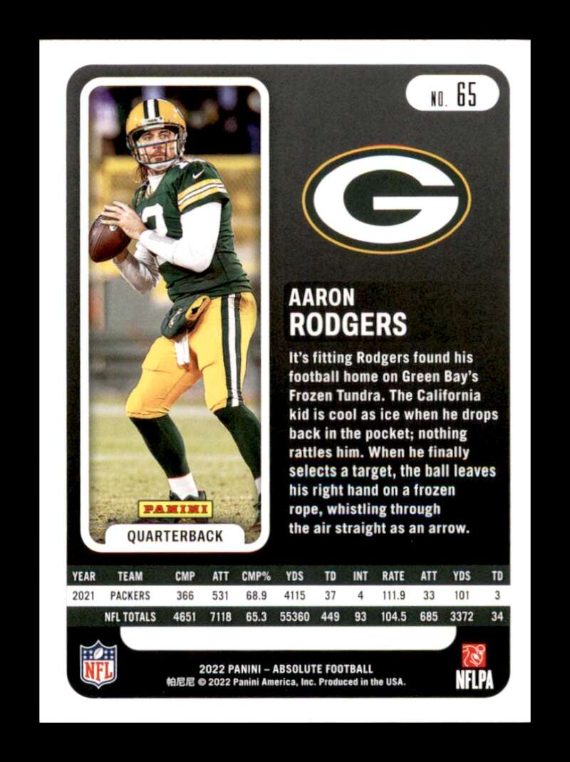 Load image into Gallery viewer, 2022 Panini Absolute Green Aaron Rodgers #65 Green Bay Packers Image 2
