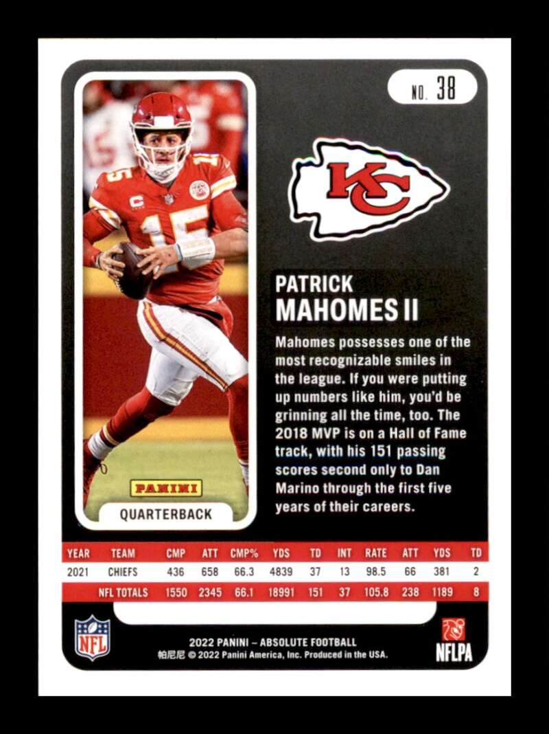 Load image into Gallery viewer, 2022 Panini Absolute Patrick Mahomes II #38 Kansas City Chiefs Image 2
