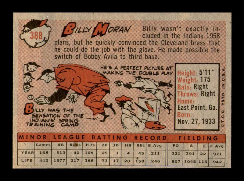 Load image into Gallery viewer, 1958 Topps Billy Moran #388 Rookie RC Set Break Cleveland Indians Image 2
