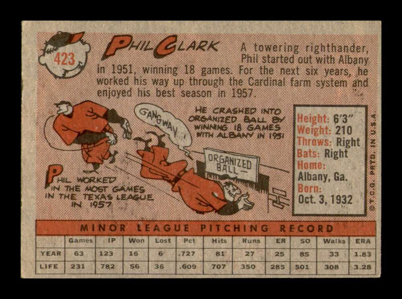 Load image into Gallery viewer, 1958 Topps Phil Clark #423 Rookie RC Set Break St. Louis Cardinals Image 2
