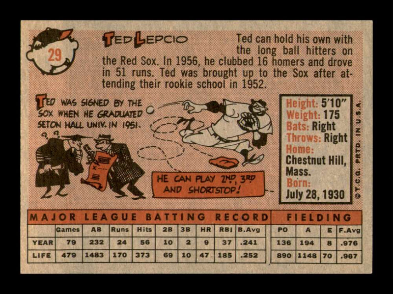 Load image into Gallery viewer, 1958 Topps Ted Lepcio #29 Set Break Boston Red Sox Image 2
