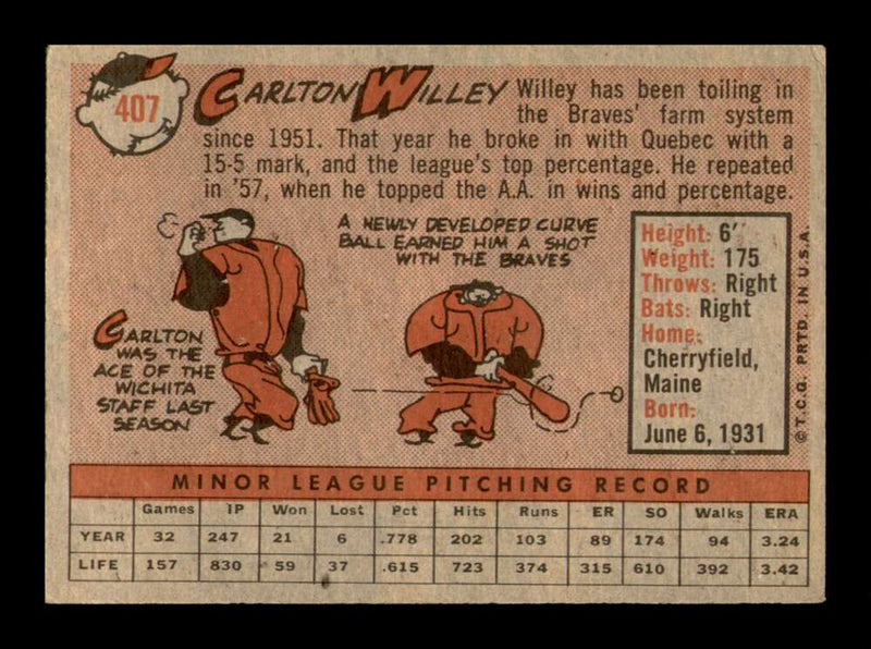 Load image into Gallery viewer, 1958 Topps Carlton Willey #407 Rookie RC Set Break Milwaukee Braves Image 2
