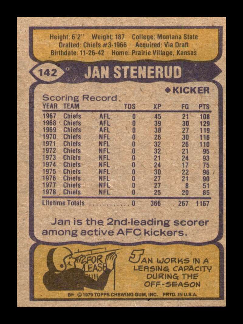 Load image into Gallery viewer, 1979 Topps Jan Stenerud #142 Kansas City Chiefs Image 2
