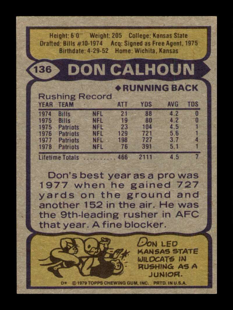 Load image into Gallery viewer, 1979 Topps Don Calhoun #136 New England Patriots Image 2
