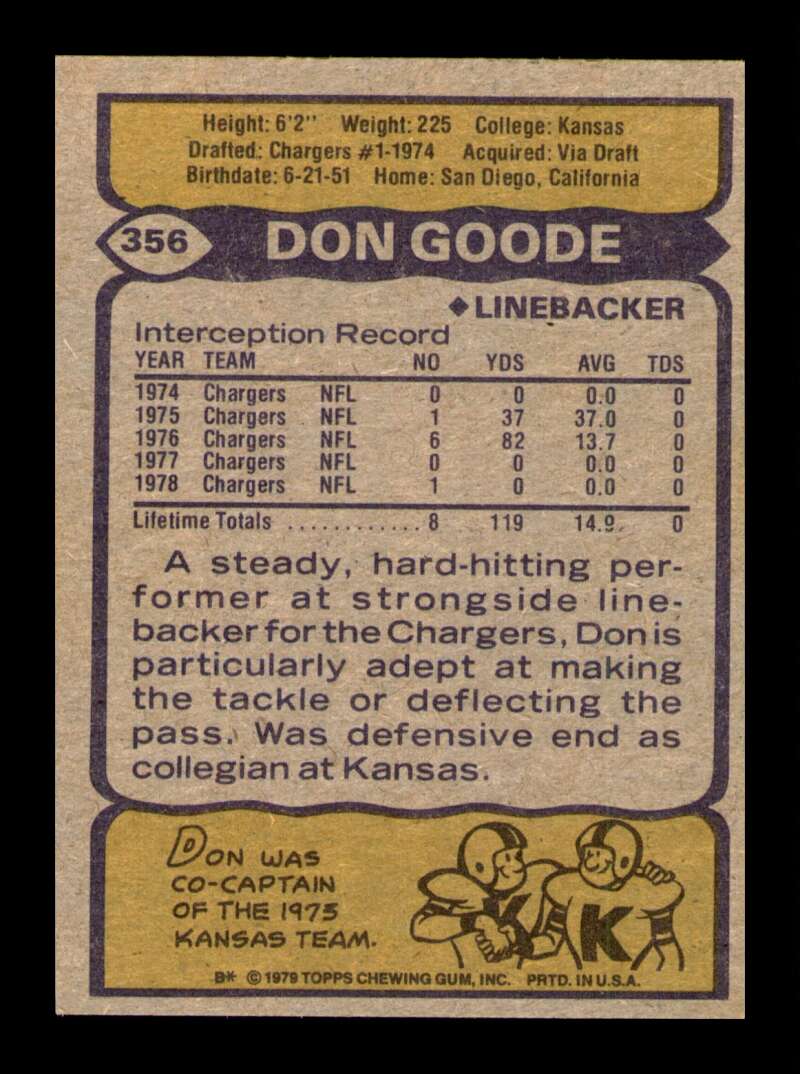 Load image into Gallery viewer, 1979 Topps Don Goode #356 San Diego Chargers Image 2
