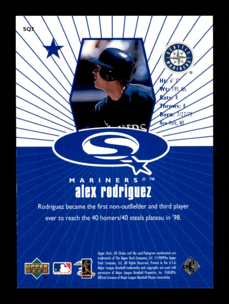 Load image into Gallery viewer, 1999 UD Choice StarQuest Blue Alex Rodriguez #SQ3 Seattle Mariners Image 2
