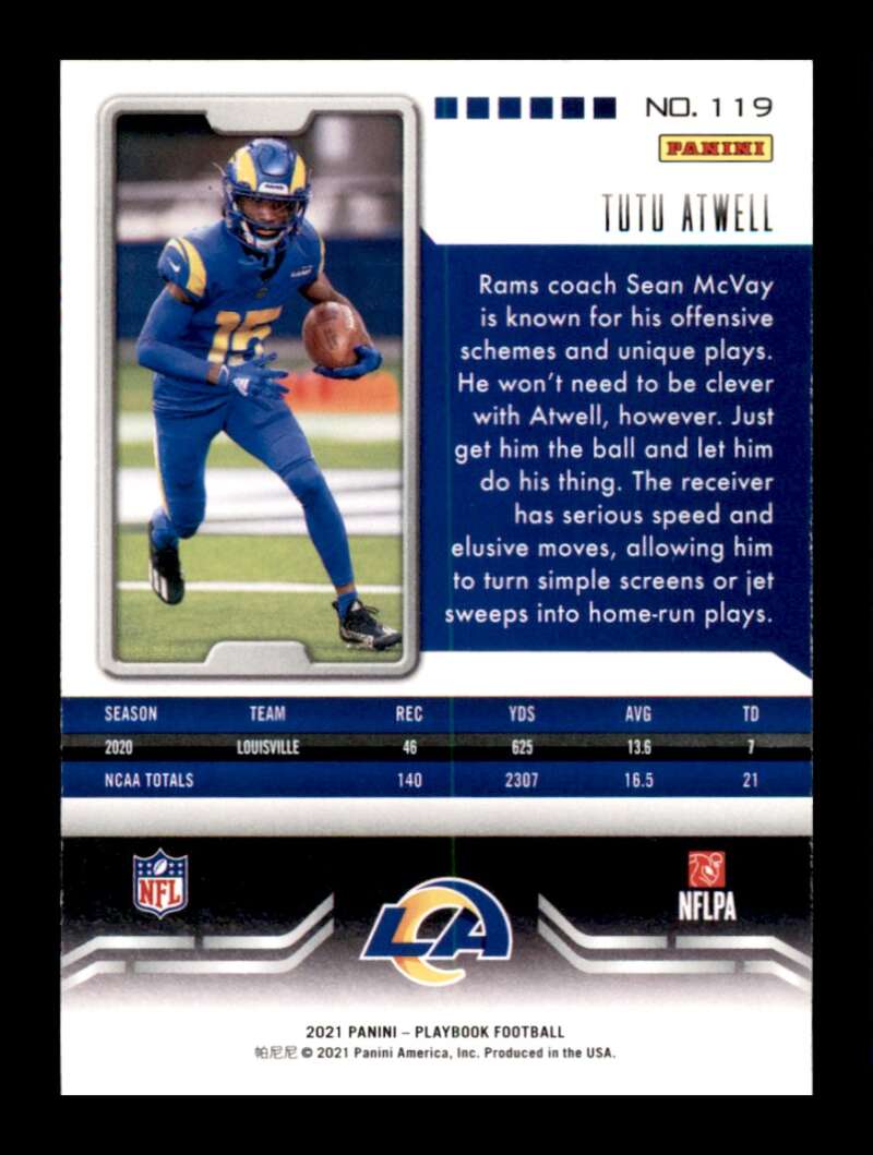 Load image into Gallery viewer, 2021 Panini Playbook Tutu Atwell #119 Rookie RC Los Angeles Rams Image 2
