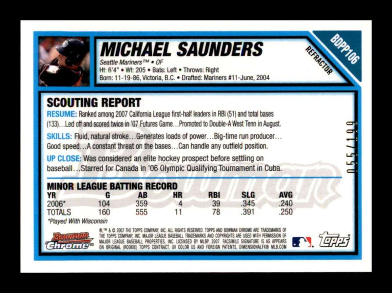 Load image into Gallery viewer, 2007 Bowman Chrome Blue Refractor Michael Saunders #BDPP106 Rookie RC /199  Image 2
