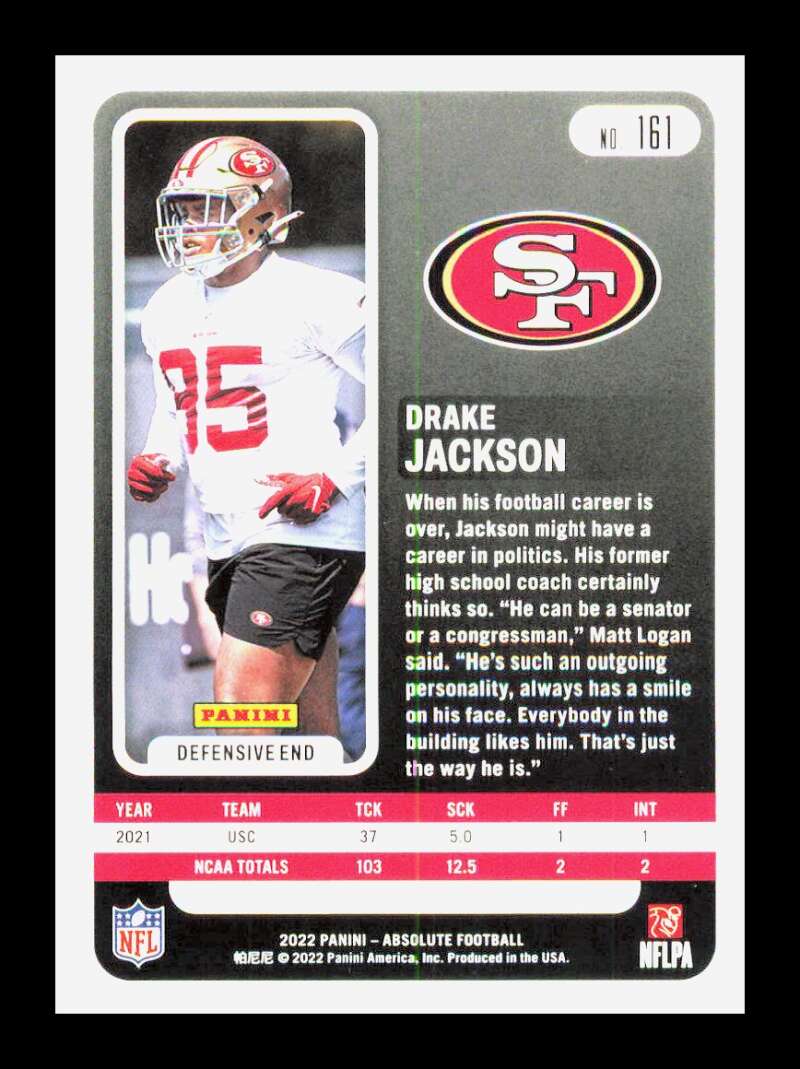 Load image into Gallery viewer, 2022 Panini Absolute Green Drake Jackson #161 Rookie RC San Francisco 49ers Image 2
