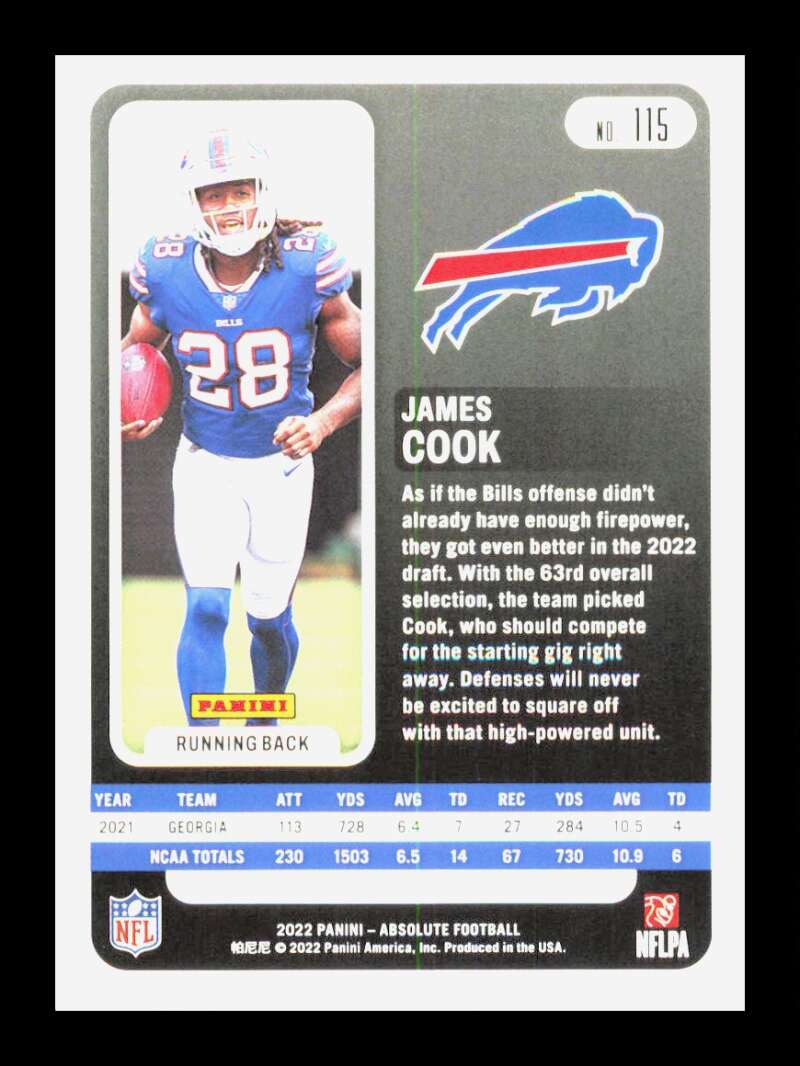 Load image into Gallery viewer, 2022 Panini Absolute James Cook #115 Rookie RC Buffalo Bills Image 2
