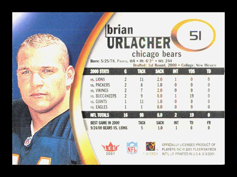 Load image into Gallery viewer, 2001 Fleer E-X Brian Urlacher #51 Chicago Bears Image 2
